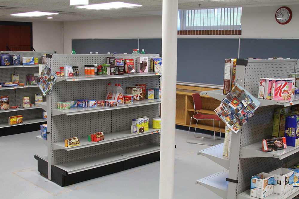 Mock grocery shelves.