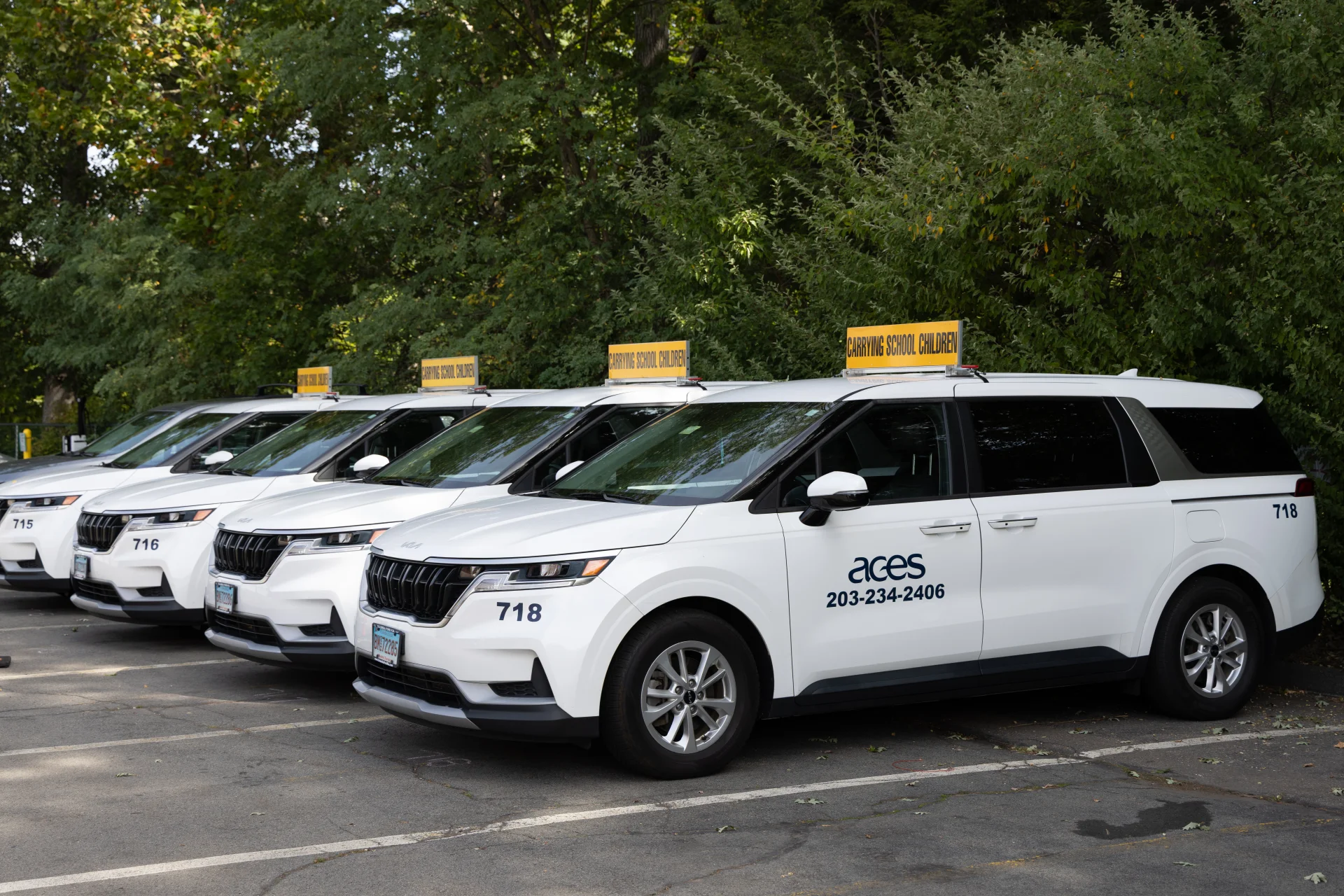 row of white ACES transportation SUVs