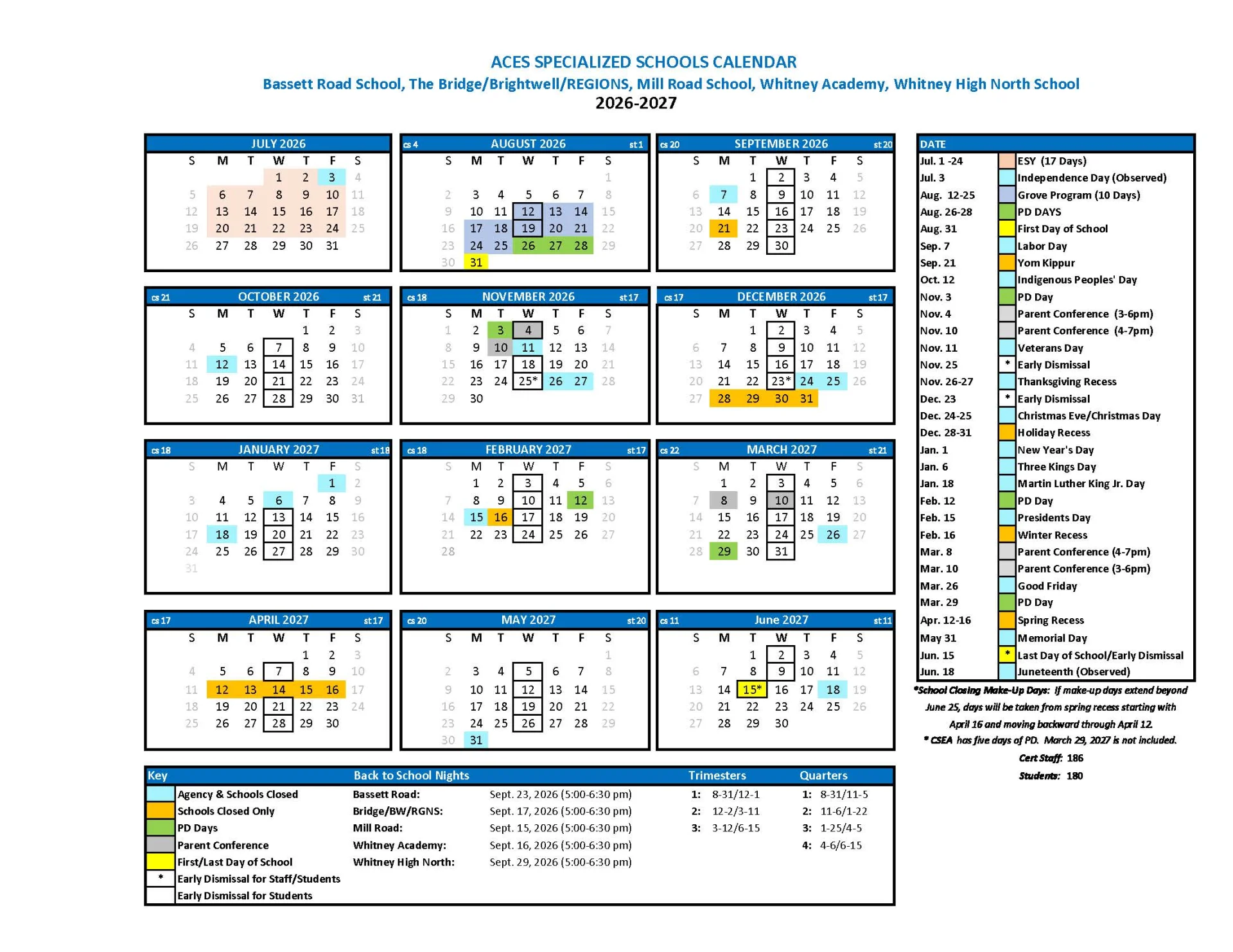 ACES specialized schools 2026-27 calendar