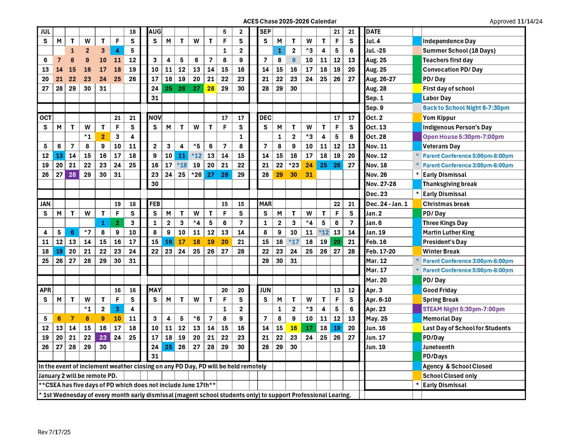 Chase Academy 2025-26 calendar