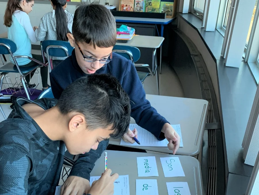 Students arranging vocabulary flash cards