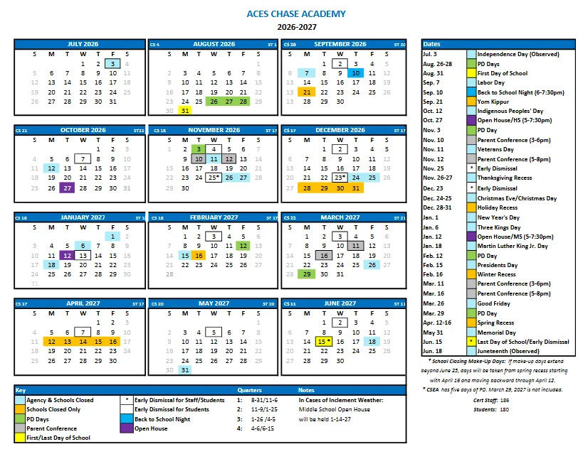 Chase Academy 2025-26 calendar