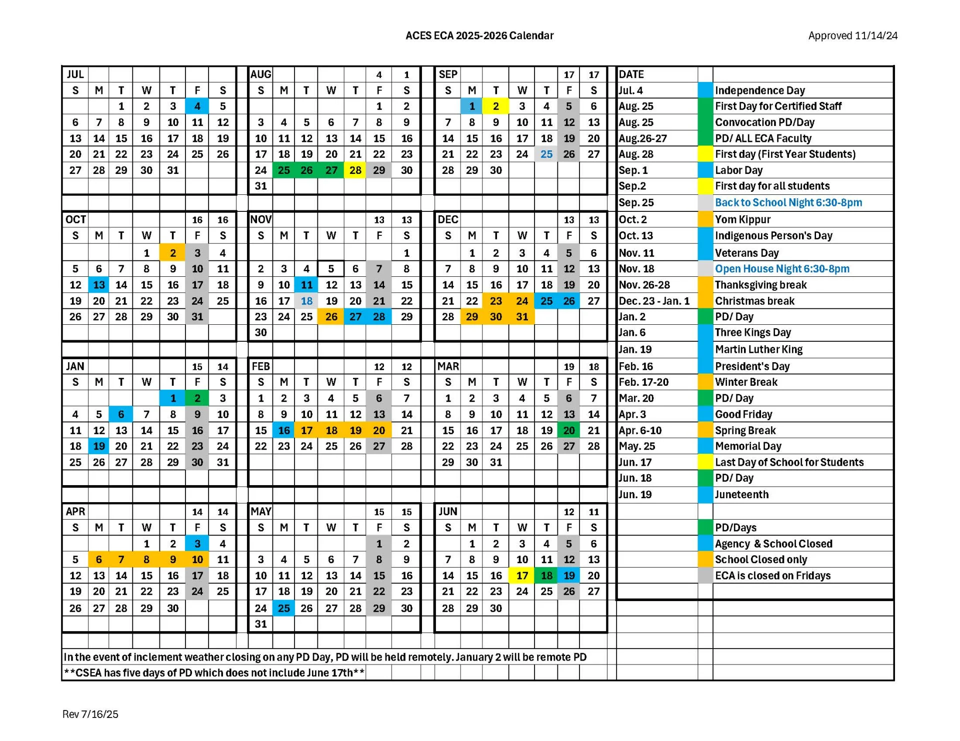 ECA 2025-26 calendar