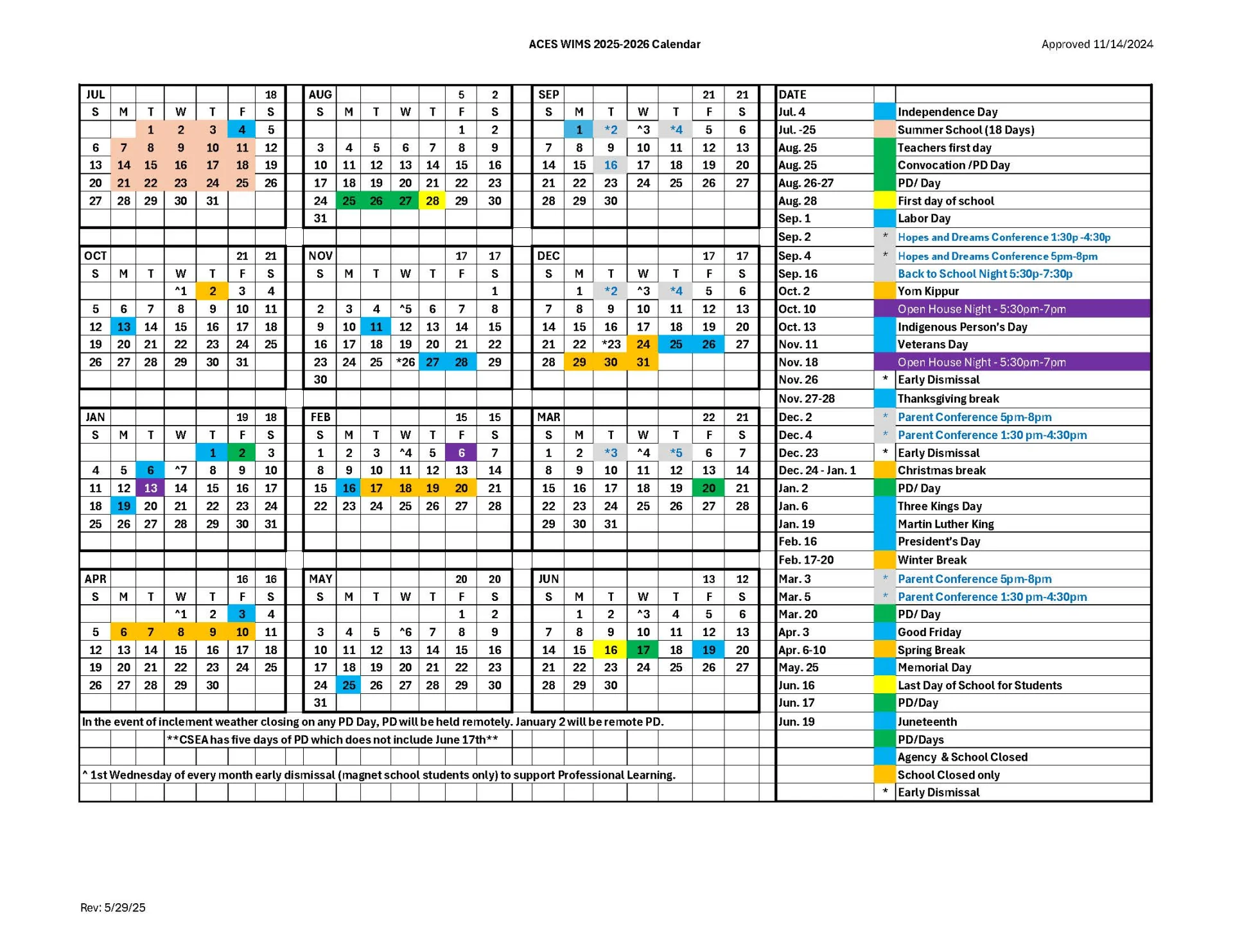WIMS 2025-26 calendar