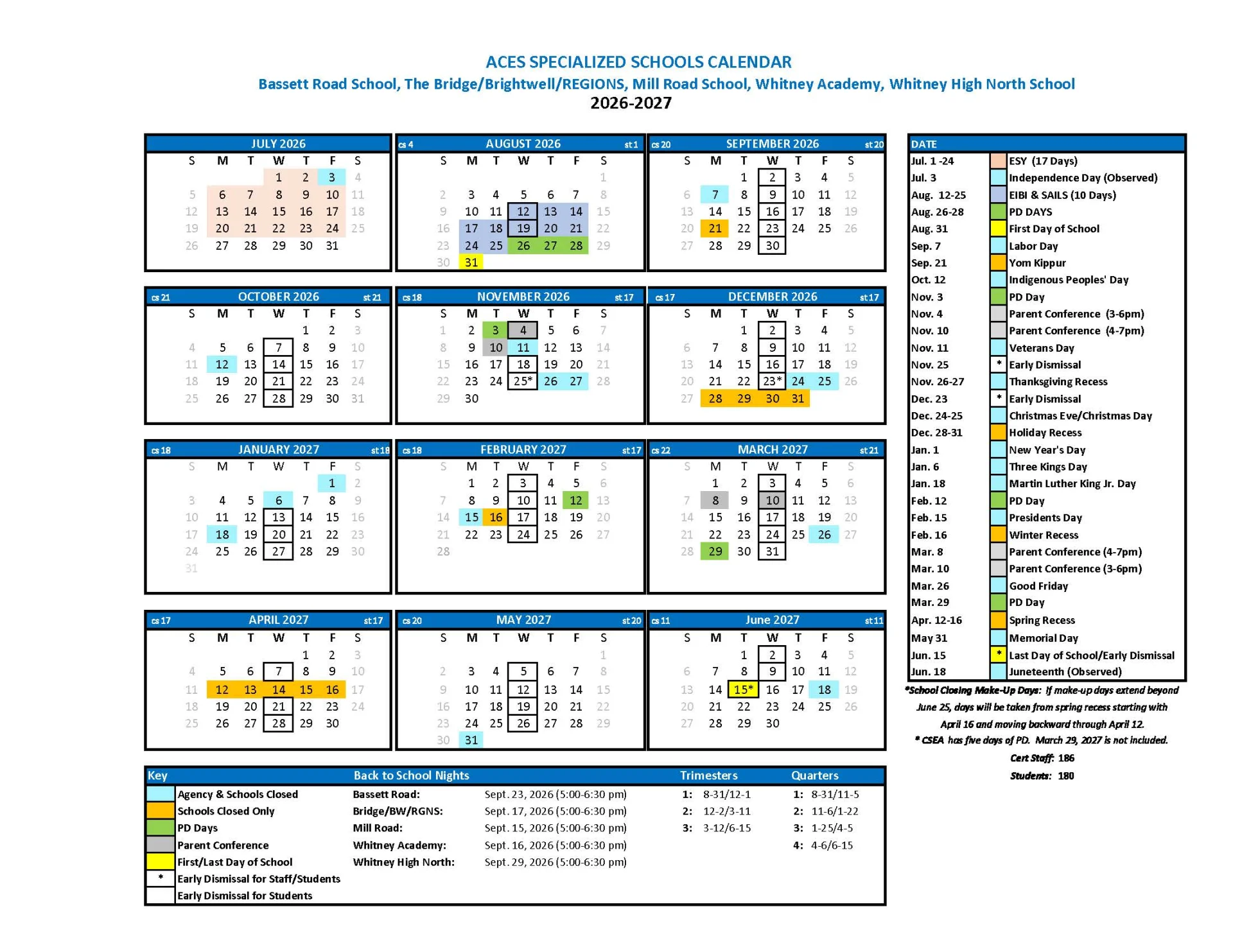 ACES specialized schools 2026-27 calendar