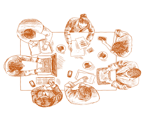 Line art depicting a bird’s eye view of seven educators working at a conference table.