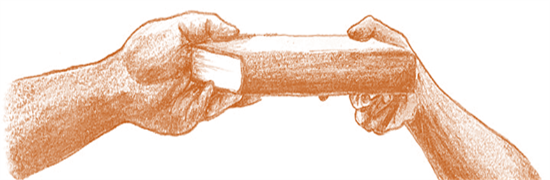 Line art depicting a hand giving a book to another hand.