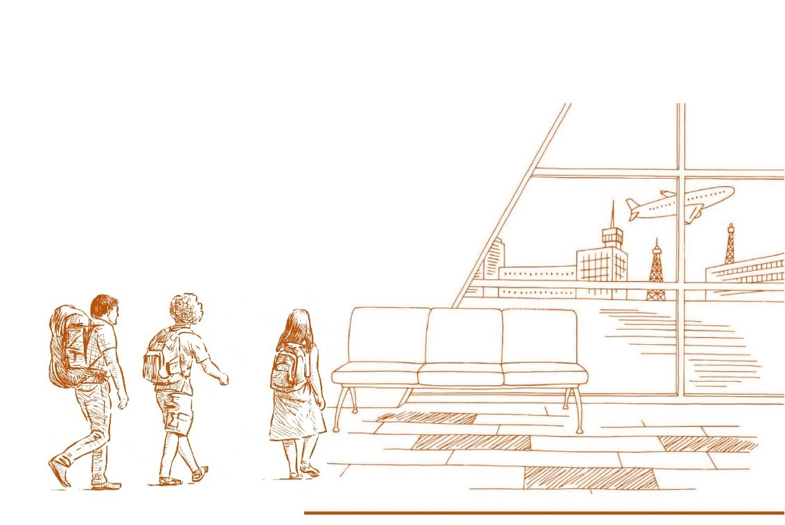 Line art of three students walking through an airport. A plane is taking off just outside the window. 