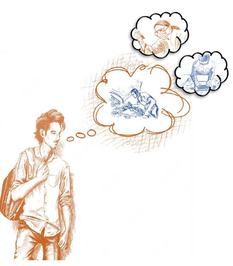 Line art of an individual imagining different professions, such as a medical doctor, a scientist, and a mechanic.