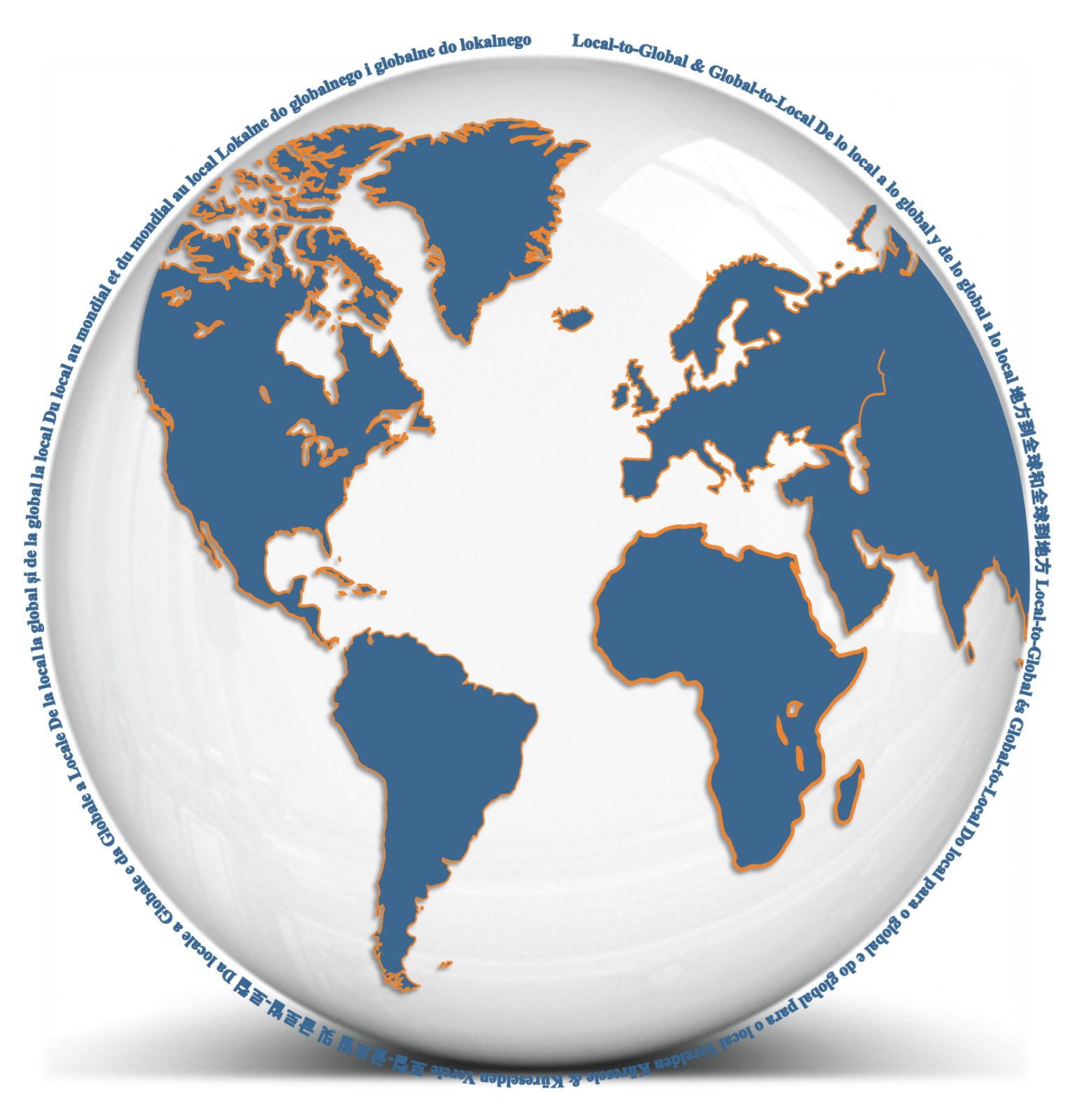 Artwork of a globe. Words surround it, saying “Local-to-Global & Global-to-Local” in many different languages. 